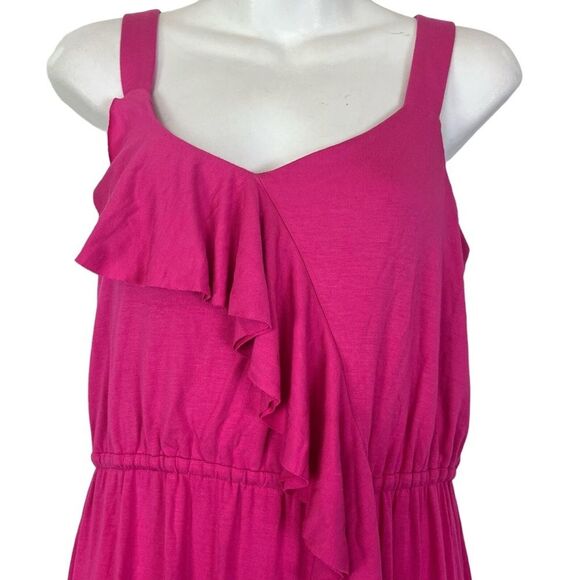 SPENSE Bright Pink Jersey Knit Maxi Sleeveless Ruffle Stretch Casual Dress sz M - Picture 2 of 16